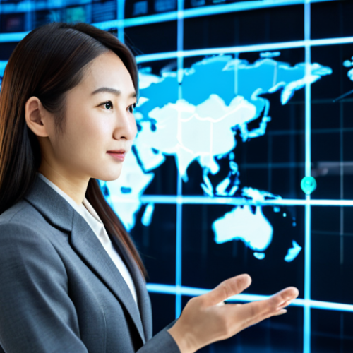 A professional East Asian businesswoman in a modest business suit, standing confidently in a modern, brightly lit global operations center. She is interacting with a large holographic world map display, overlaid with various social media icons and language translation graphics, symbolizing cultural understanding and international communication. The environment is sophisticated, featuring blurred diverse cityscapes in the background. She exhibits perfect anatomy, correct proportions, and a natural pose, with well-formed hands and proper finger count. This is a high-resolution, professional photography shot with soft studio lighting. Fully clothed, appropriate attire, safe for work, professional, appropriate content, modest clothing.
