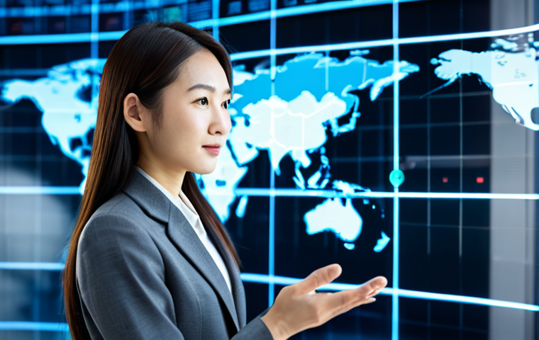 A professional East Asian businesswoman in a modest business suit, standing confidently in a modern, brightly lit global operations center. She is interacting with a large holographic world map display, overlaid with various social media icons and language translation graphics, symbolizing cultural understanding and international communication. The environment is sophisticated, featuring blurred diverse cityscapes in the background. She exhibits perfect anatomy, correct proportions, and a natural pose, with well-formed hands and proper finger count. This is a high-resolution, professional photography shot with soft studio lighting. Fully clothed, appropriate attire, safe for work, professional, appropriate content, modest clothing.