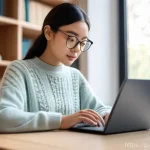 소셜미디어마케팅 온라인 강의 추천 - **"Focused Learning with AI Integration"**: A young woman in her mid-20s, wearing a stylish yet mode...