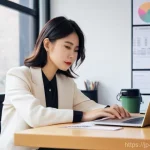 소셜미디어마케팅 이직 성공 비결 - A stylish young Japanese woman in her late 20s, with a chic, slightly tousled hairstyle, sits at a m...