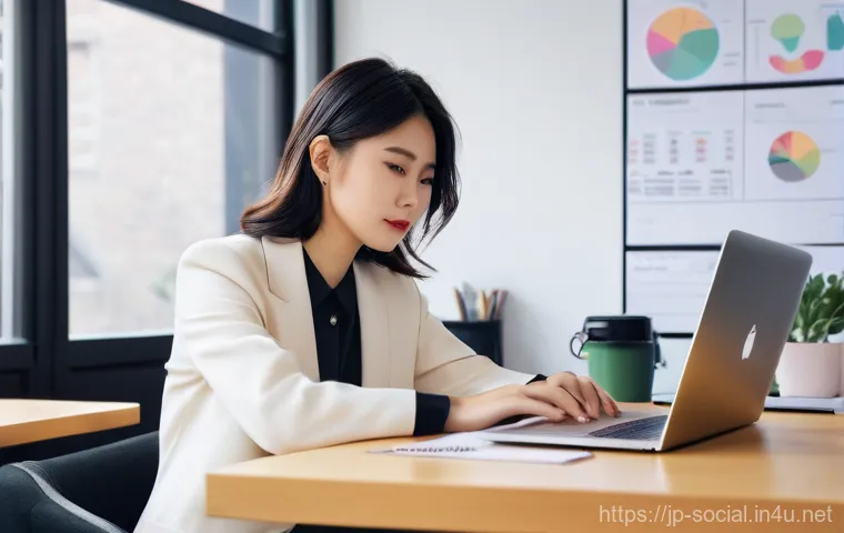 소셜미디어마케팅 이직 성공 비결 - A stylish young Japanese woman in her late 20s, with a chic, slightly tousled hairstyle, sits at a m...