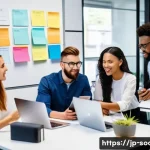 소셜미디어마케팅 면접 질문과 답변 - A modern office setting with a diverse team of young professionals brainstorming social media market...