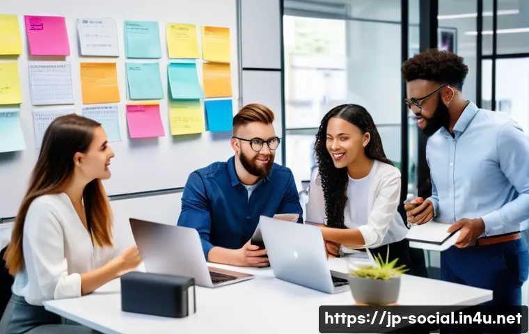 소셜미디어마케팅 면접 질문과 답변 - A modern office setting with a diverse team of young professionals brainstorming social media market...