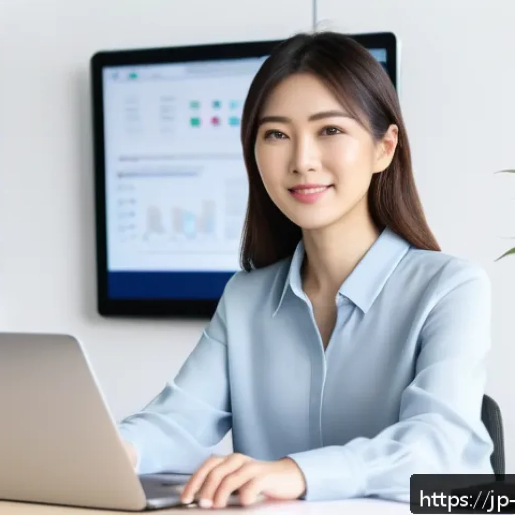 소셜미디어마케팅 경력 관리 - A modern Japanese woman in casual business attire sitting at a sleek desk with multiple digital devi...