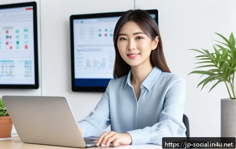 소셜미디어마케팅 경력 관리 - A modern Japanese woman in casual business attire sitting at a sleek desk with multiple digital devi...
