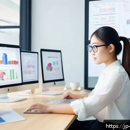 소셜미디어마케터를 위한 AI 활용법 - A modern Japanese marketing office scene featuring a young professional woman analyzing integrated c...