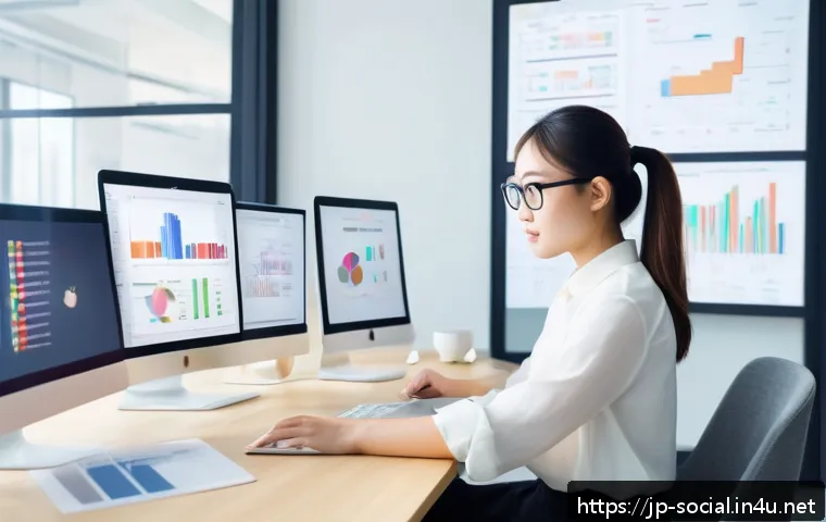 소셜미디어마케터를 위한 AI 활용법 - A modern Japanese marketing office scene featuring a young professional woman analyzing integrated c...