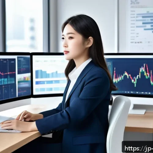 소셜미디어마케팅 실기 시험 대비 - A modern Japanese office setting with a young professional woman in business casual attire sitting a...