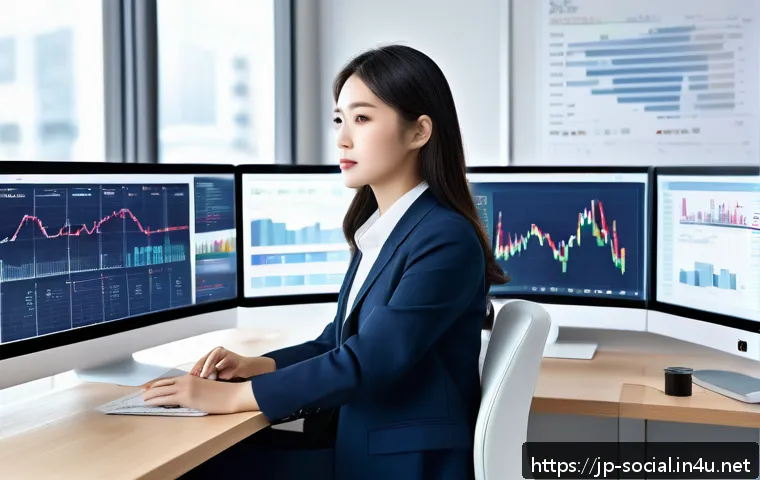 소셜미디어마케팅 실기 시험 대비 - A modern Japanese office setting with a young professional woman in business casual attire sitting a...