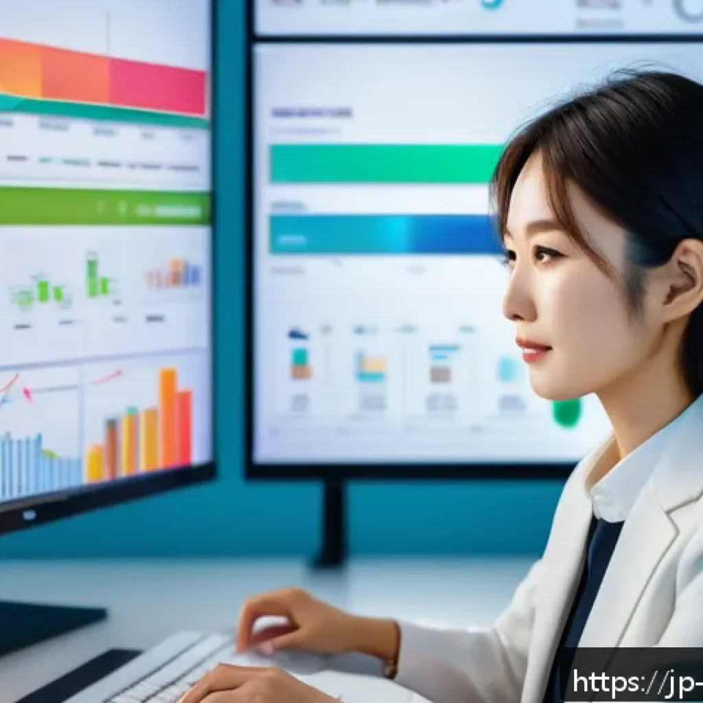 소셜미디어 트렌드 분석 도구 - A modern Japanese office setting with a young professional woman analyzing real-time social media tr...