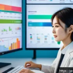 소셜미디어 트렌드 분석 도구 - A modern Japanese office setting with a young professional woman analyzing real-time social media tr...