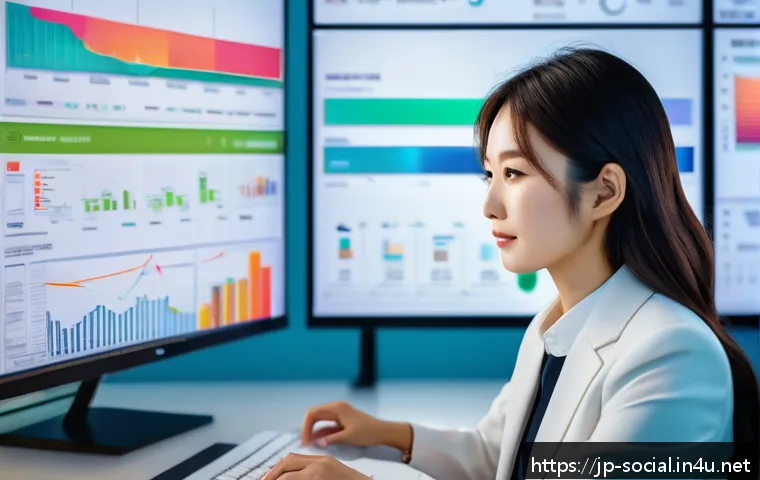 소셜미디어 트렌드 분석 도구 - A modern Japanese office setting with a young professional woman analyzing real-time social media tr...