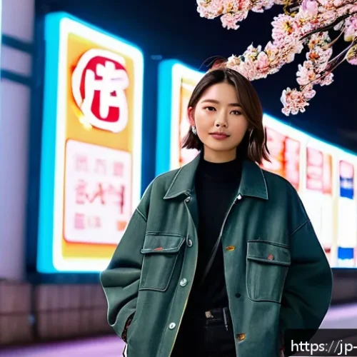 소셜미디어 콘텐츠 바이럴 전략 - A modern Japanese influencer in her late 20s, stylishly dressed in trendy streetwear with layered la...