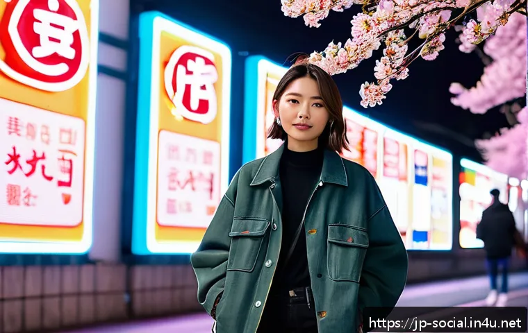 소셜미디어 콘텐츠 바이럴 전략 - A modern Japanese influencer in her late 20s, stylishly dressed in trendy streetwear with layered la...