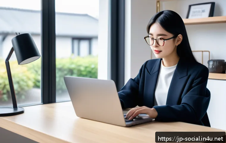 소셜미디어마케팅과 글로벌 트렌드 - A modern social media marketer working on a sleek laptop in a bright, minimalistic home office, mult...
