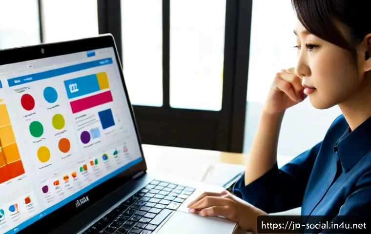 소셜미디어 게시물 분석 방법 - Photorealistic Japanese marketing professional at a clean modern desk, studying social media perform...