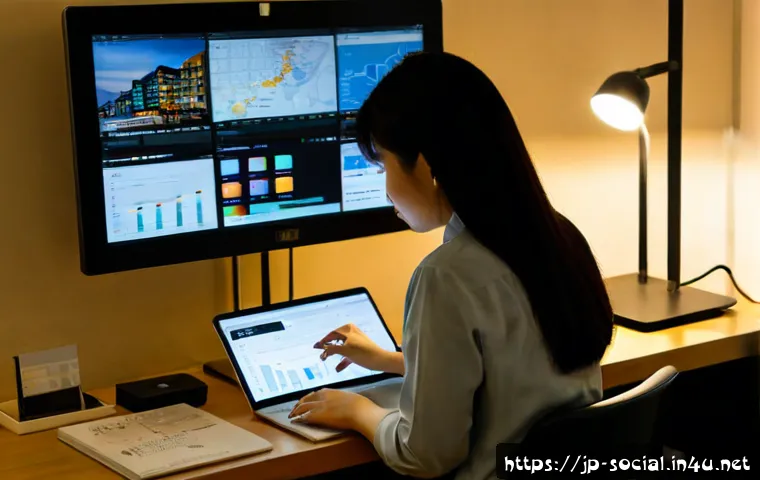 소셜미디어마케팅 도전과 성공담 - Photorealistic scene of a Japanese small business owner in her 30s working late at a clean home offi...